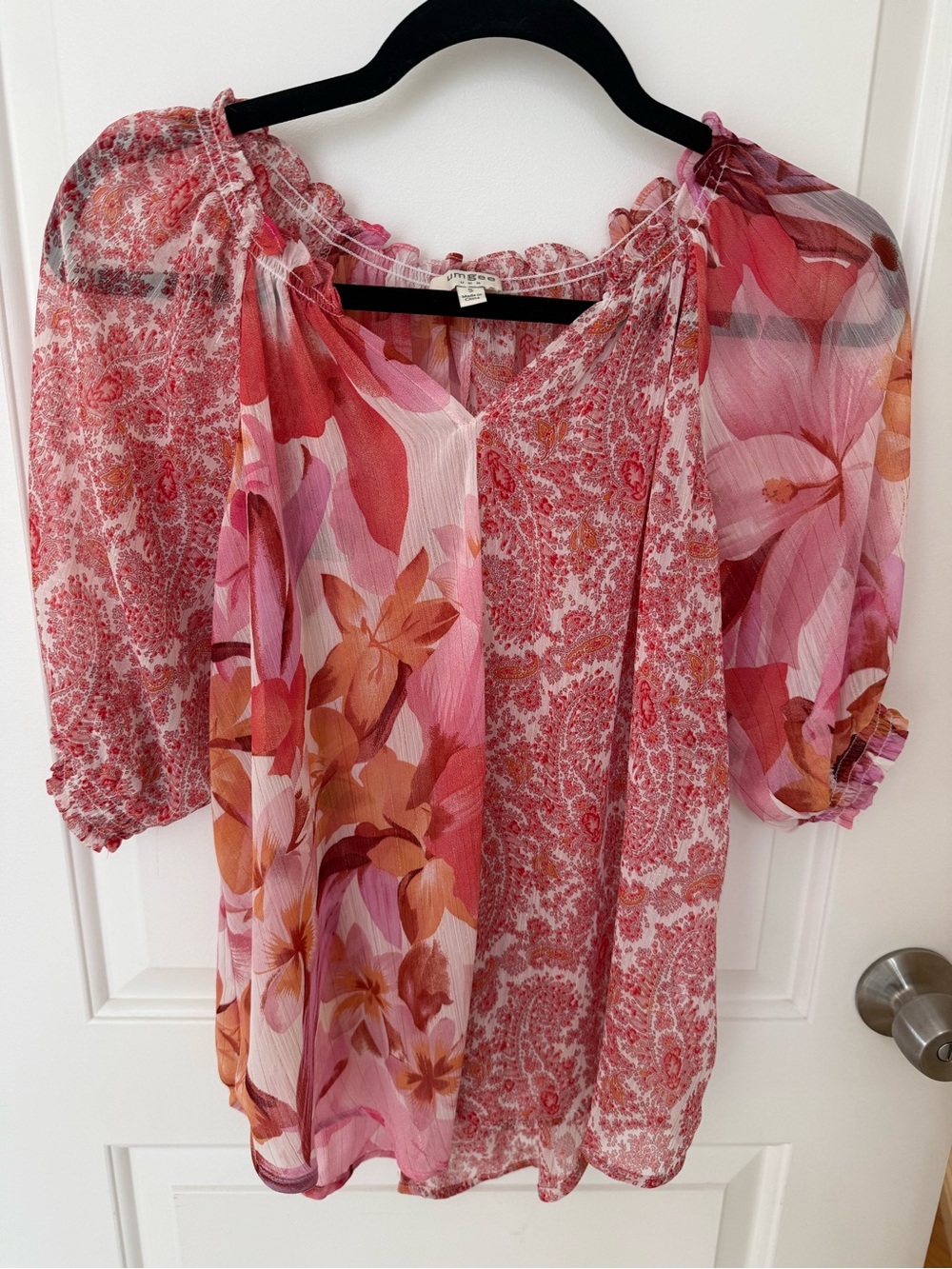 Umgee Pink Floral Sheer Peasant Blouse
